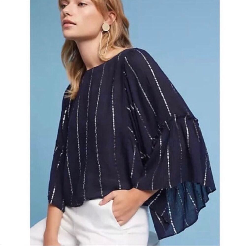 Anthropologie Floreat Emelyn Navy Blue Silver Stripe Bell Sleeve Blouse XS